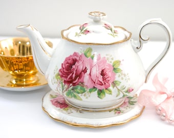 Vintage Royal Albert, American Beauty, Teapot and  Trivet, Bone China, Pink Roses, Gold Trim