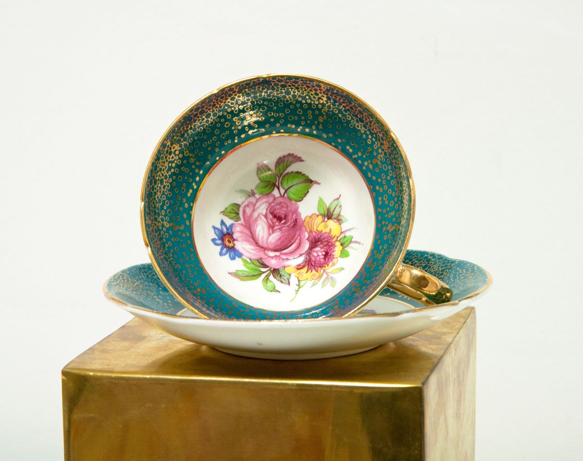 Vintage rare Stanley fine bone china teacup and saucer with rich turquoise  and gold trims and floral center, England, #1128/11