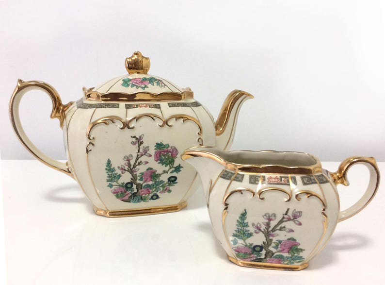 Vintage Rare Sadler Indian Tree Cube Teapot Creamer, England, Luscious