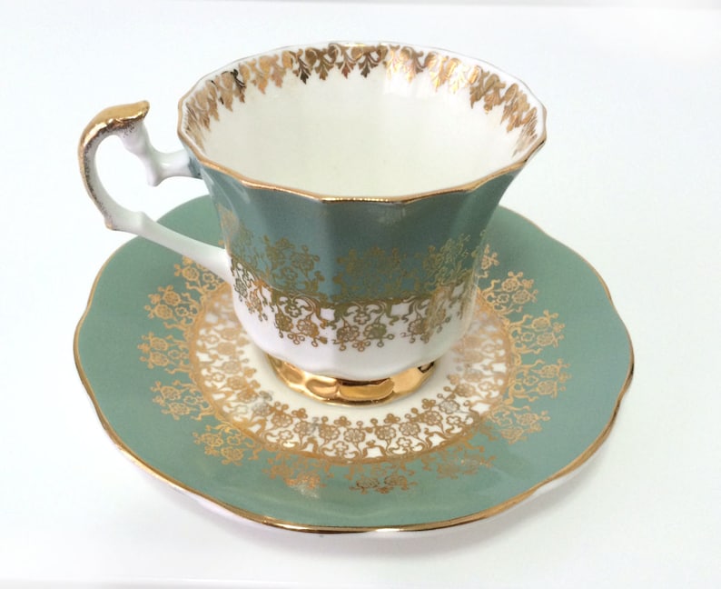 Vintage Elizabethan bone china gilded decorations Longton England footed cup and saucer gold Taylor /& Kent Stoke-on-Trent moss green