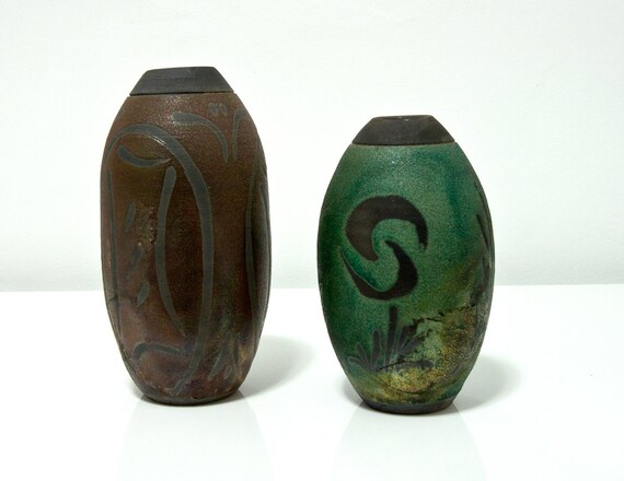 Vintage 2 Raku Handmade Vases Dark Brown And Green Copper Etsy
