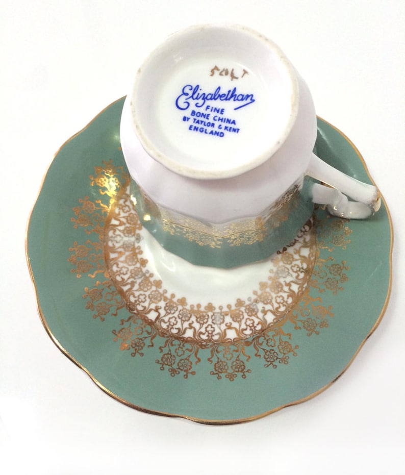 Vintage Elizabethan bone china gilded decorations Longton England footed cup and saucer gold Taylor /& Kent Stoke-on-Trent moss green