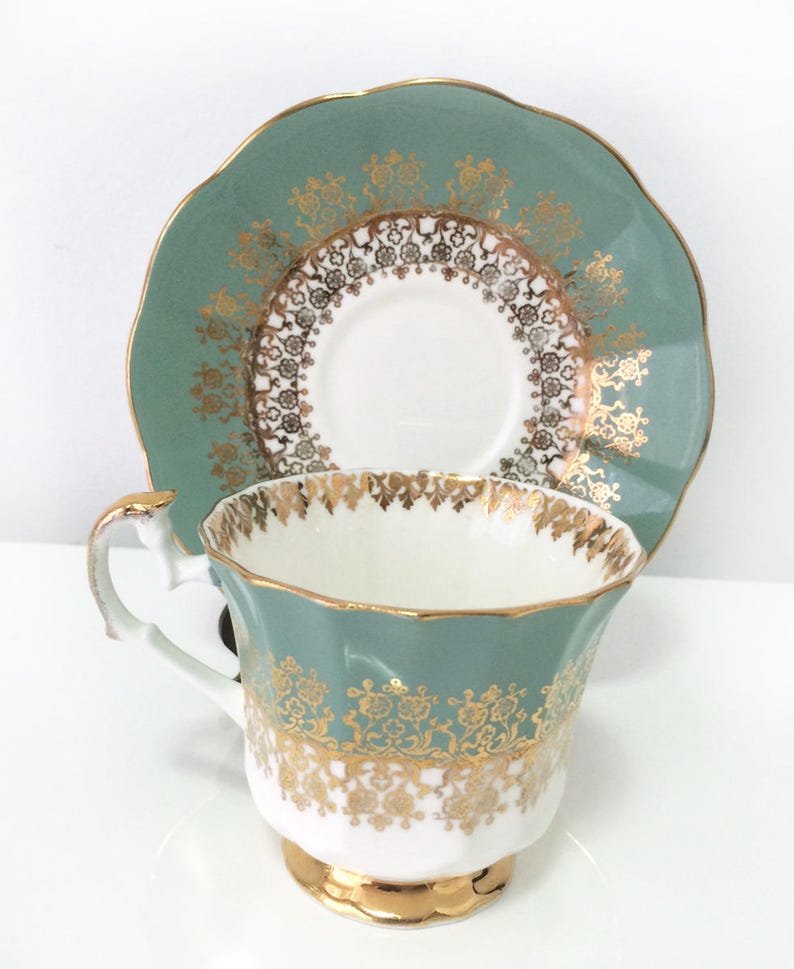 Vintage Elizabethan bone china gilded decorations Longton England footed cup and saucer gold Taylor /& Kent Stoke-on-Trent moss green