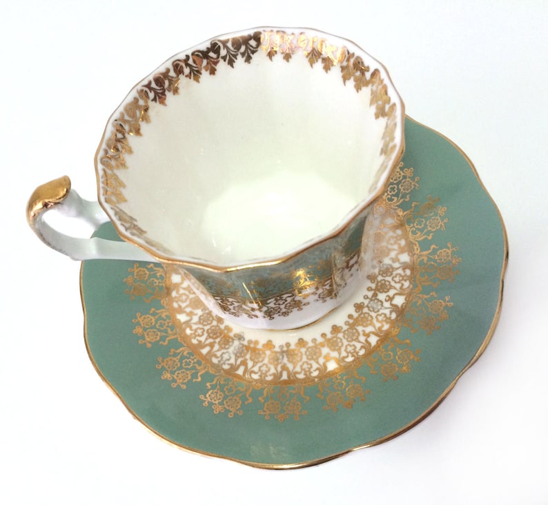 Vintage Elizabethan bone china gilded decorations Longton England footed cup and saucer gold Taylor /& Kent Stoke-on-Trent moss green