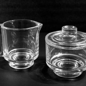 Vintage Joe Colombo, 1 creamer + sugar bowl with lid, glass, modern, stackable, heavy duty,