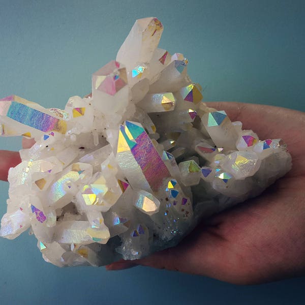 High quality Angel aura quartz big and heavy cluster 1 pound - healing crystal - geode opal aura