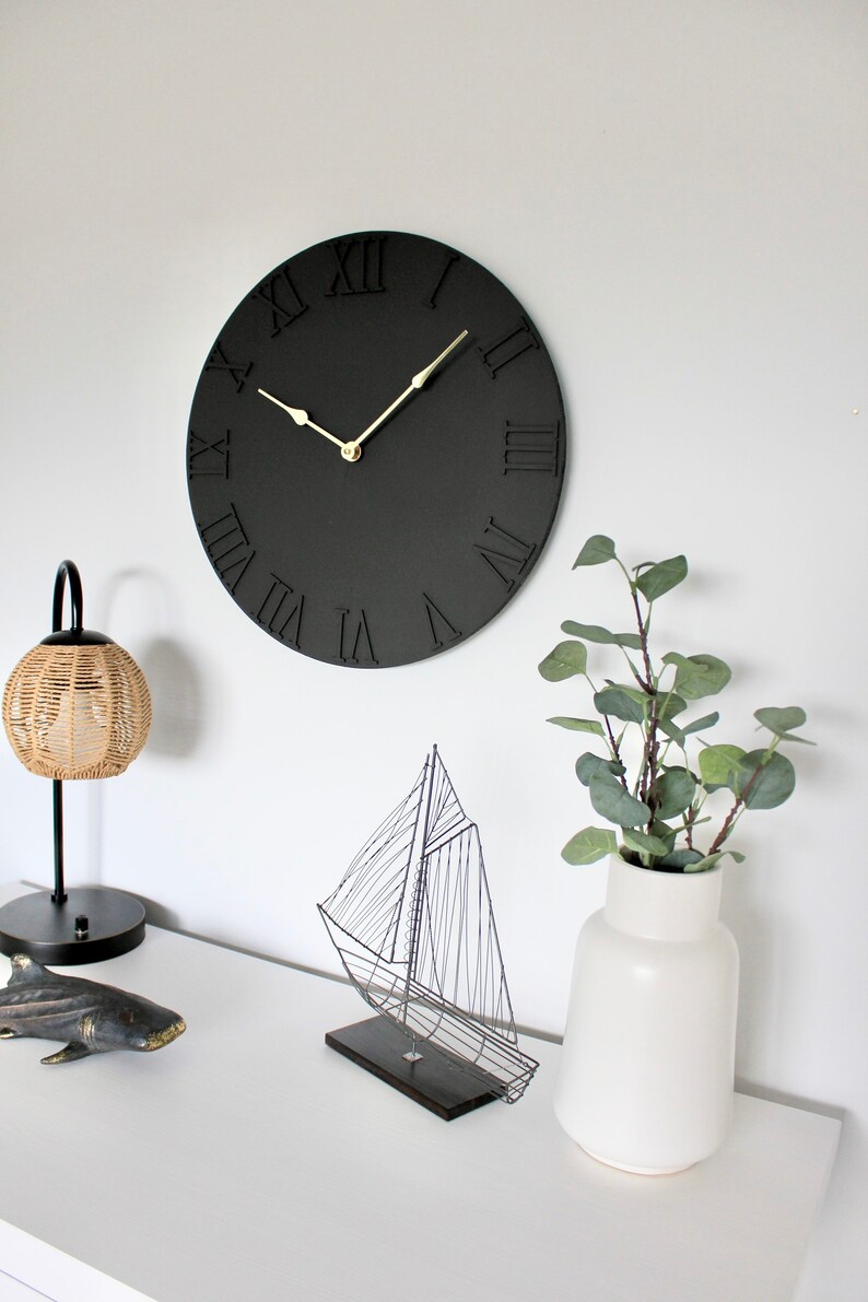 Large Black Wooden Clock Minimalist Wall Clock Unique Wall Etsy