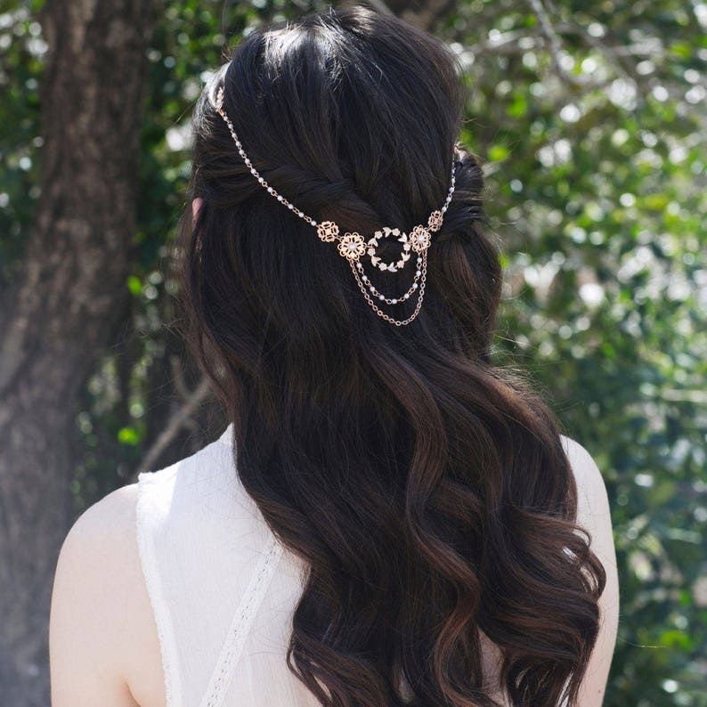 Bridal Headchain Back Headpiece Rose Gold Hair Chain Flower Etsy