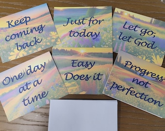 12-step slogan note cards & envelopes - 6 card gift set. 6 unique wildflower designs and inspiring slogans for AA, NA, Al-Anon recovery.