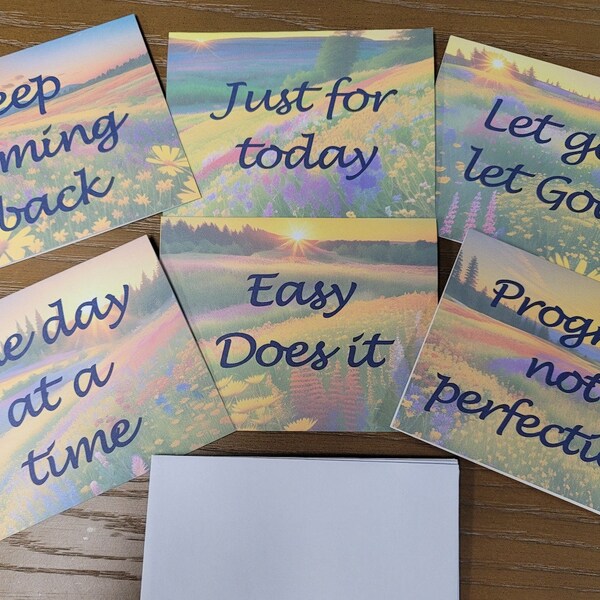 12-step slogan note cards & envelopes - 6 card gift set. 6 unique wildflower designs and inspiring slogans for AA, NA, Al-Anon recovery.