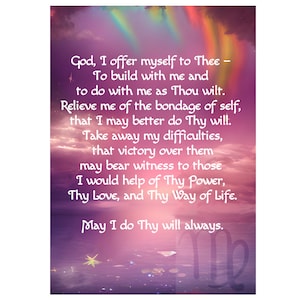 May include: A vertical print with a celestial theme. The image features a quote in white text against a backdrop of a purple and pink sky with a rainbow. The text reads "God, I offer myself to Thee...May I do Thy will always."