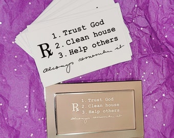Dr. Bob's Prescription - 12th step business cards (50) and 1 steel, engraved holder. Wallet-sized sobriety support & inspiration.