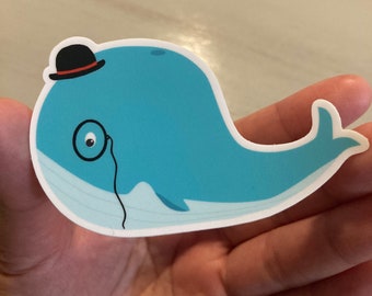 Süßer Wal mit Monocle und Top Hut Vinyl Sticker - hochwertig und langlebig!