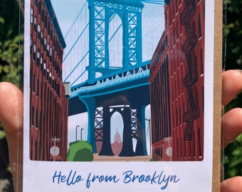 Hello from Brooklyn Greeting Card - Manhattan Bridge, NYC, DUMBO view