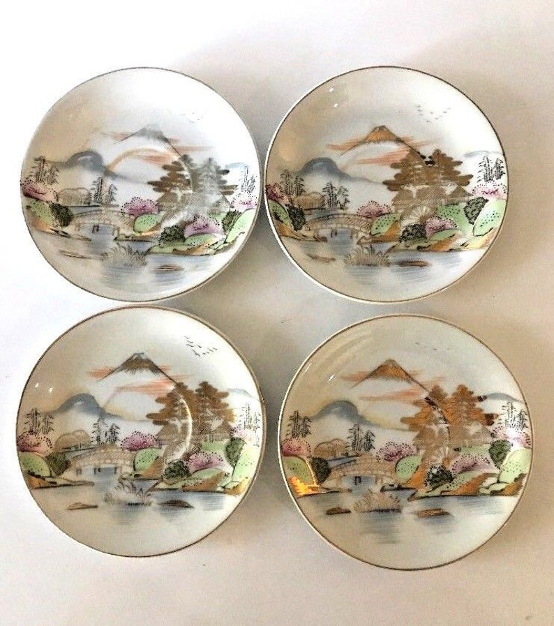Kutani Saucers Gold Scene China Mid Century Japan Vintage Etsy