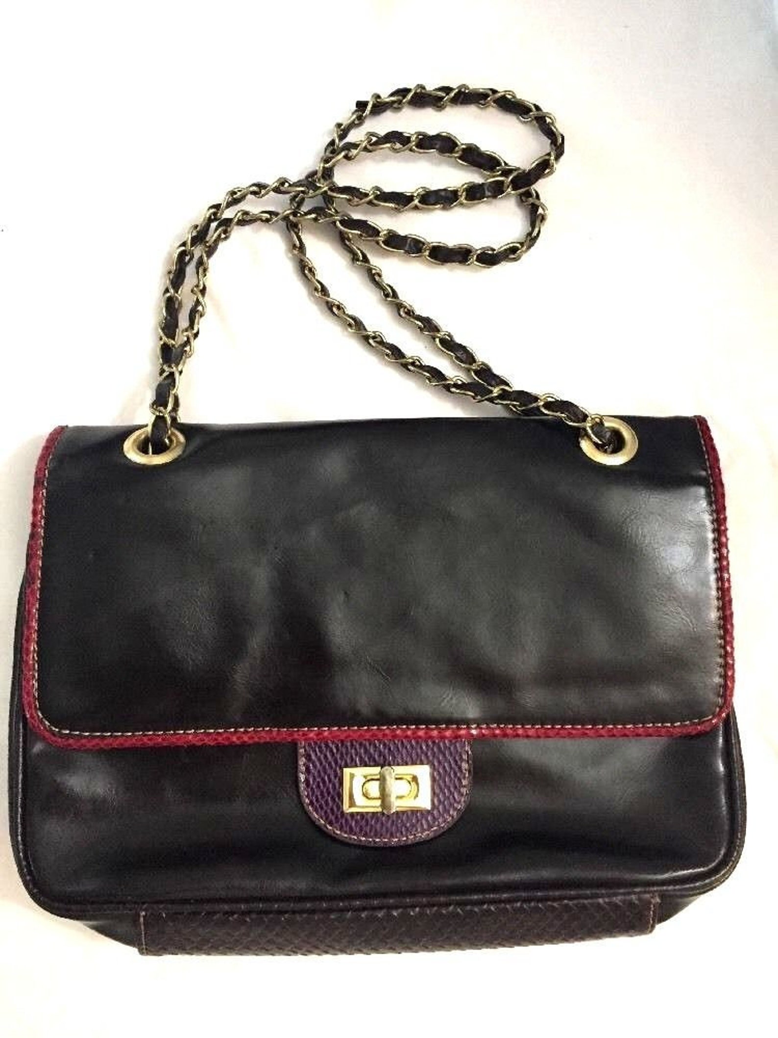 Leather Shoulder Bag Chain Strap Black Womens Outside Pocket 2 Etsy