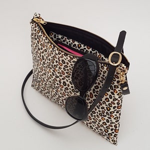 Leopard Print Oilcloth Crossbody Bag: Handmade Leather Strap Clutch