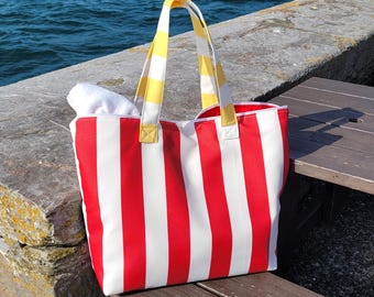 Nautical Stripe Beach Bag: Waterproof Canvas Tote with Zipper