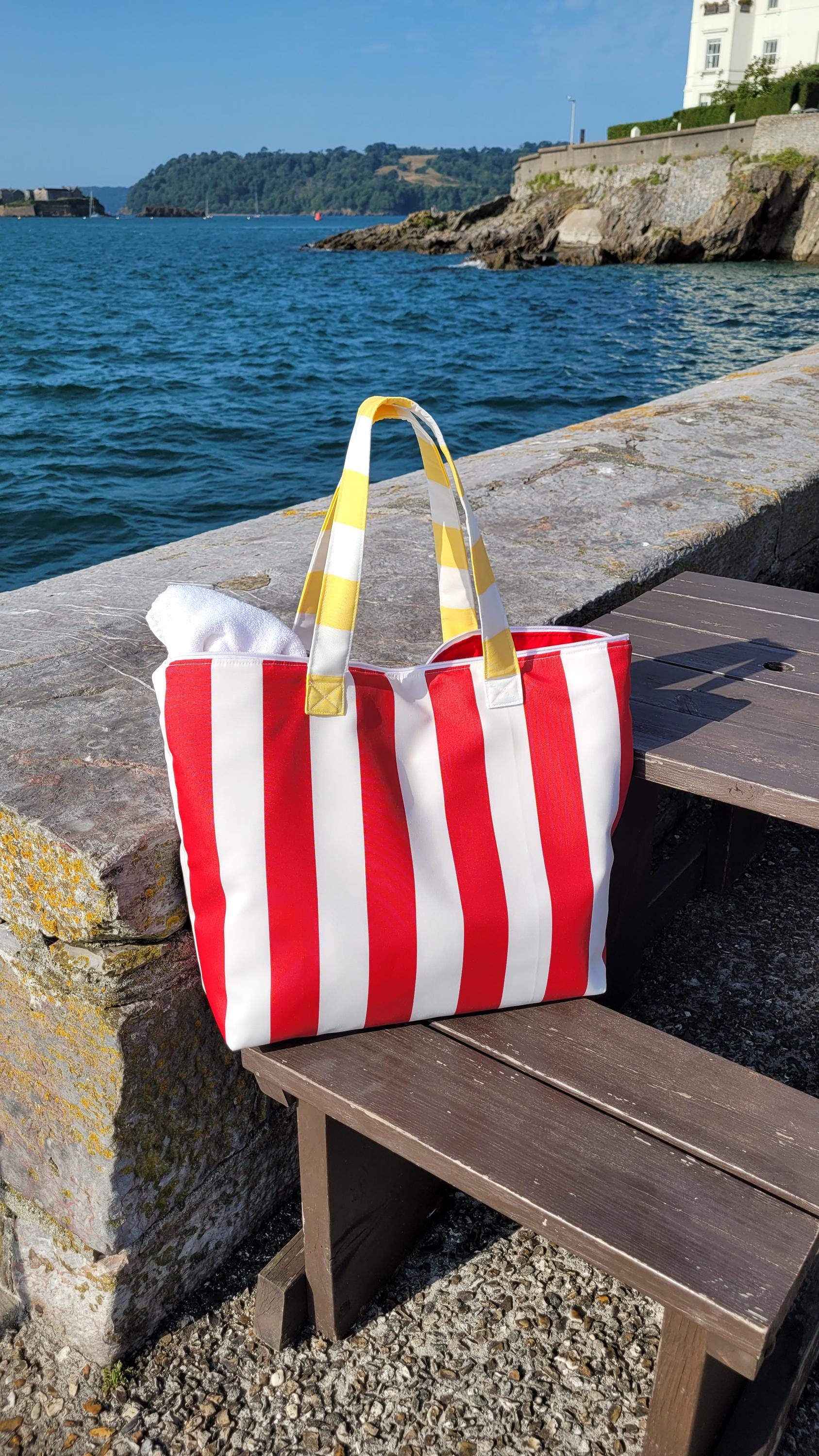 New Striped Canvas Waterproof Lined Beach Bag Muka TOPTIE Striped Canvas Tote Shoulder Beach Bag with  main image 4