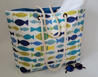 Large waterproof beach bag, Waterproof beach bag, Large beach bag, Zip top beach bag, Oilcloth beach bag. Beach bag, Beach bag tote, Tote