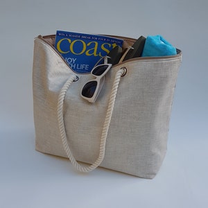Beach bag with zip top, Waterproof beach bag, Zip top beach bag, Beach tote with zipper, Oilcloth beach bag, Neutral beach bag tote