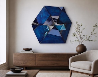 Scultura da parete in legno "Deep Blue" fatta a mano / Arte geometrica astratta