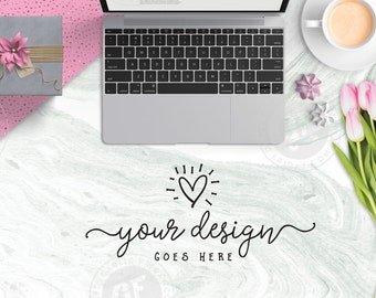 Download Free Styled Stock Photo | Styled Desktop | Pink Tulips Marble Silver Laptop Coffee | Artist Product Mockup | Modern & Feminine GFSP0013 PSD Template