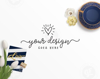Download Free Navy & Gold Styled Scene Desktop Stock Photo | Teacup Tulips Paper Flowers Arrow | Flatlay Mockup | Modern Feminine Branding 0010-04 PSD Template