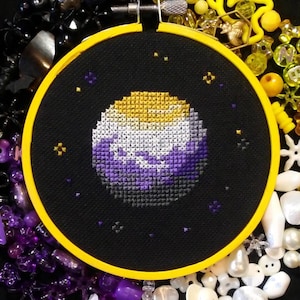 May include: A black embroidery hoop with a yellow border, featuring a purple, white and yellow planet design. The hoop is surrounded by a variety of colourful beads and buttons.