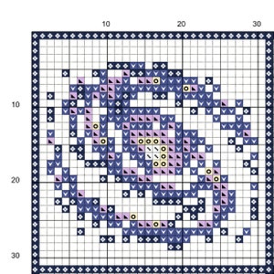 May include: A digital cross-stitch pattern featuring a geometric design with a mix of pink, blue, black, and white squares and triangles.