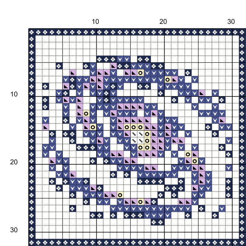 May include: A digital cross-stitch pattern featuring a geometric design with a mix of pink, blue, black, and white squares and triangles.