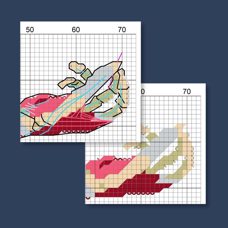 May include: Two cross-stitch patterns are displayed against a dark blue background. The patterns feature a crab design with red, pink, beige, and gray sections. The patterns are on a grid, with numbers along the edges.