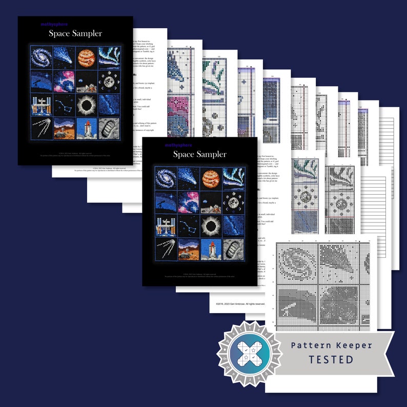 May include: A cross-stitch pattern sampler titled "Space Sampler" featuring a variety of space-themed images, including a galaxy, a comet, a planet, a space station, a constellation, a solar eclipse, a satellite, a desert landscape, a rocket, and a meteorite. The pattern is designed by "mellyphics" and is marked "Pattern Keeper TESTED".