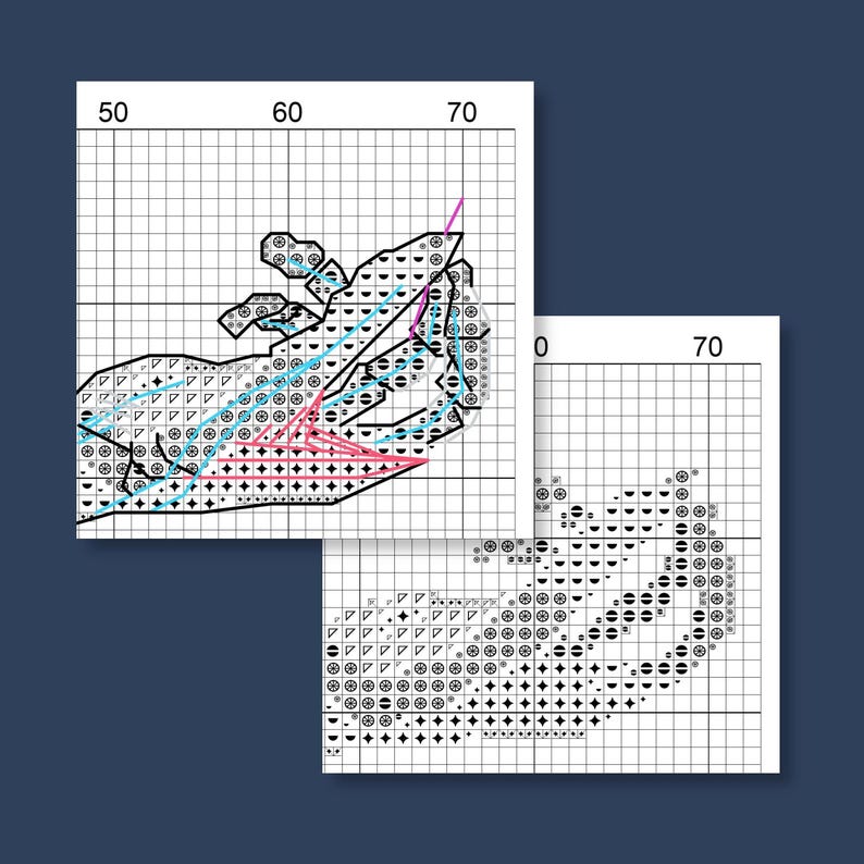 May include: Cross-stitch pattern chart with a hand design. The chart features a grid with symbols and colored lines in pink and blue, indicating stitch placement. The background is a dark blue.