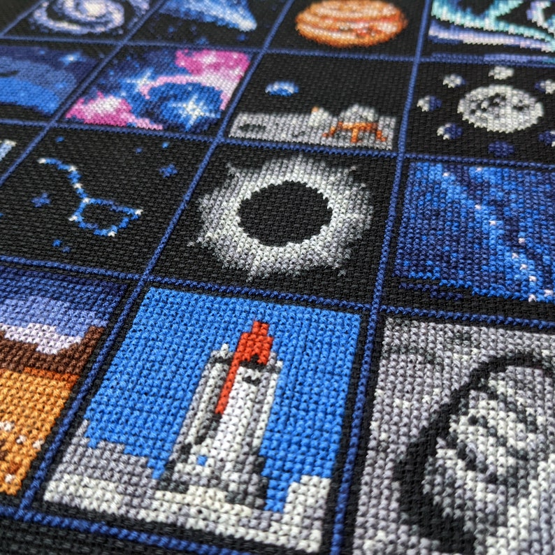 May include: A close-up of a cross-stitch embroidery depicting a variety of space-themed images, including a black hole, a rocket ship, a planet, and a constellation. The embroidery is done in a variety of colours, including blue, white, and black.