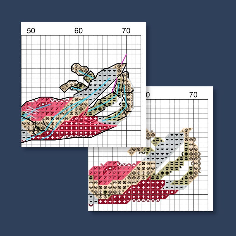 May include: Two cross-stitch patterns of a hand holding a needle and thread. The hand is depicted in shades of red, pink, tan, and blue, with a grid background. The needle is pink and the thread is purple.
