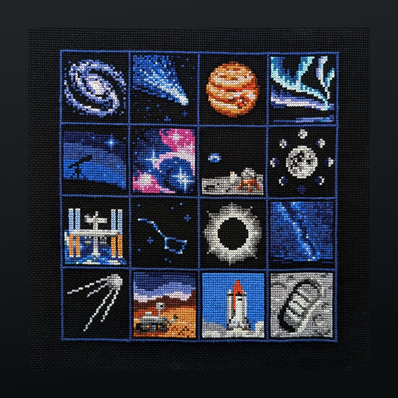 May include: A black and blue cross-stitch embroidery featuring a grid of 12 squares with different space-themed images, including a galaxy, a comet, a planet, a nebula, a space station, a black hole, a rocket, and a moon.