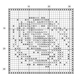 May include: Black and white cross stitch pattern featuring a geometric design. The pattern is made up of small squares and triangles.