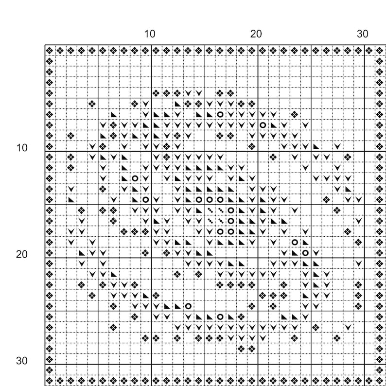 May include: Black and white cross stitch pattern featuring a geometric design. The pattern is made up of small squares and triangles.