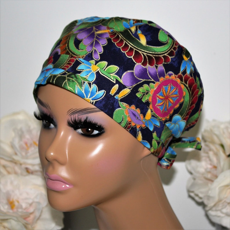 Beautiful floral on black Tie back scrub hat for Women Surgical Cap Chemo Hat \u2013 OR Hat Scrub Cap Surgical Hat Vet Hat