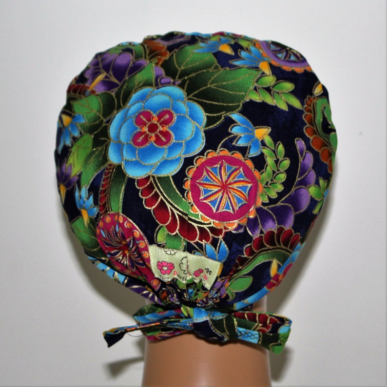 Beautiful floral on black Tie back scrub hat for Women Surgical Cap Chemo Hat \u2013 OR Hat Scrub Cap Surgical Hat Vet Hat