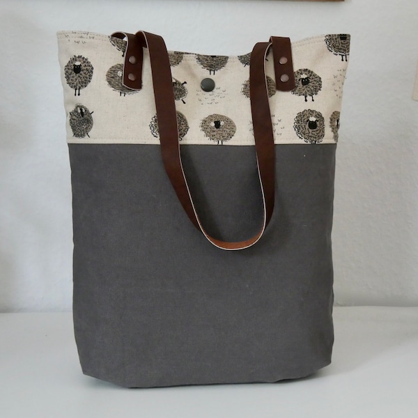 Schultertasche mit Lederhenkeln Canvas grau, Shopper Canvas, Tragetasche Canvas, Canvastasche, Tasche Schaf, Henkeltasche