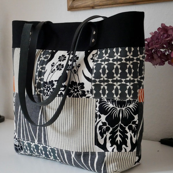 Große Schultertasche Patchwork mit Lederhenkeln, Großer Shopper Patchwork