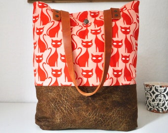 Shopper canvas + corduroy with cat motif