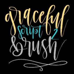 Könnte beinhalten: Handschriftliche Kalligraphie in Gelb, Blau und Grau auf schwarzem Hintergrund. Der Text lautet "graceful script & brush".