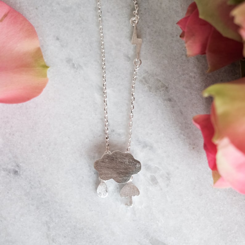 Dainty Cloud Sterling Silver Necklace Umbrella Thunderbolt Raindrop Weather Necklace 925 Silver Hypoallergenic 100/% Sterling Silver