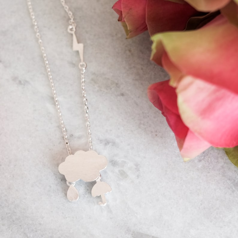 Dainty Cloud Sterling Silver Necklace Umbrella Thunderbolt Raindrop Weather Necklace 925 Silver Hypoallergenic 100/% Sterling Silver