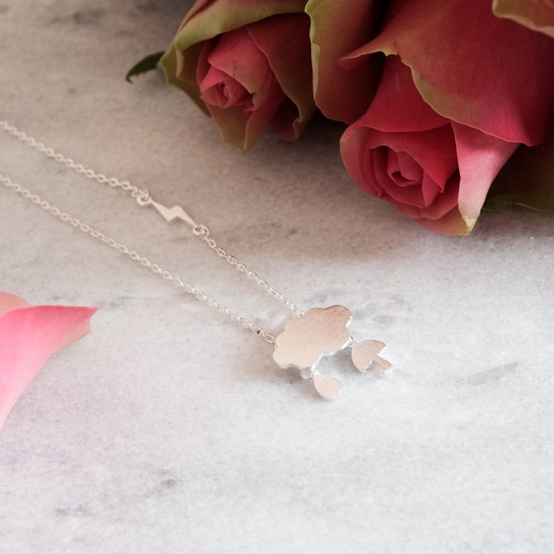Dainty Cloud Sterling Silver Necklace Umbrella Thunderbolt Raindrop Weather Necklace 925 Silver Hypoallergenic 100/% Sterling Silver