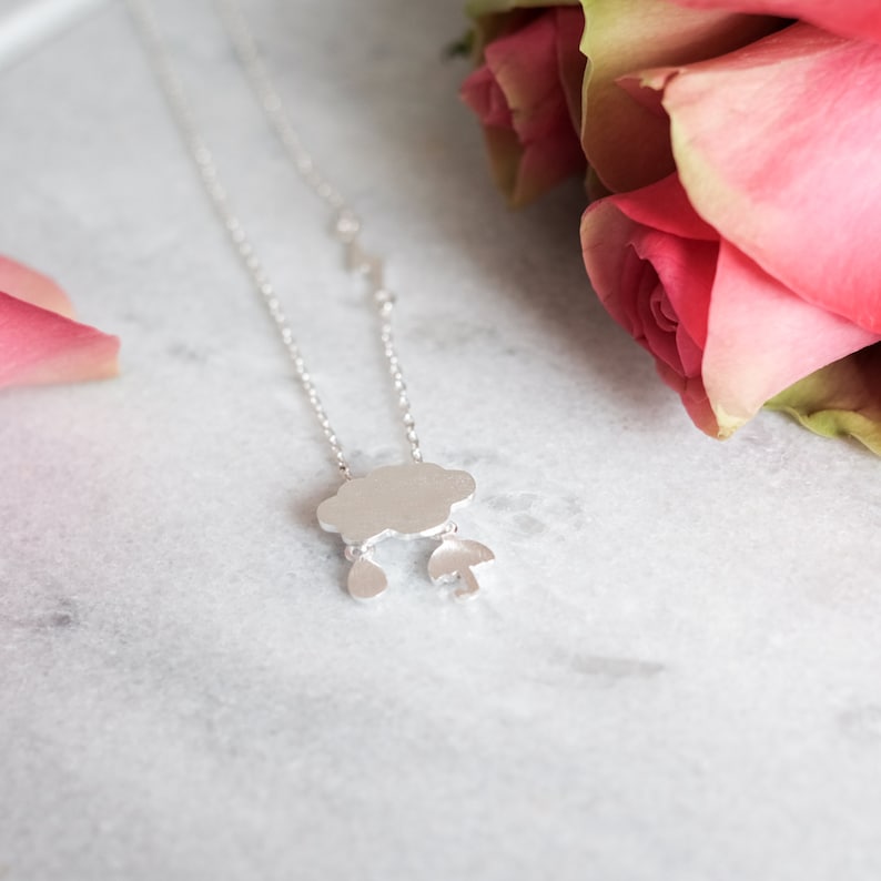 Dainty Cloud Sterling Silver Necklace Umbrella Thunderbolt Raindrop Weather Necklace 925 Silver Hypoallergenic 100/% Sterling Silver
