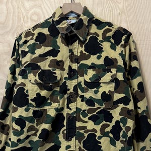 Vintage Prentiss Tan Duck Camouflage Chamois Baumwolle Flanell Langarm Button Up Shirt Größe Medium